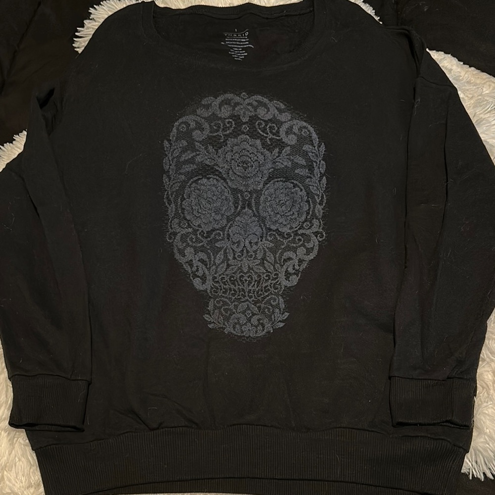 Torrid Black Crewneck Sweater with Ornate Skull Design